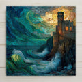 Coastal castle ceramic tile wall art featuring a stained glass–style ocean fortress rising above crashing waves. A dramatic blend of castlecore and coastal decor, perfect for wall decor or shelf display. Optional tile wall hanger, easel tile stand, cork backing, and premium frame option available.