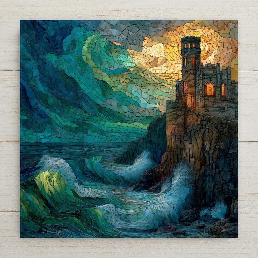 Coastal castle ceramic tile wall art featuring a stained glass–style ocean fortress rising above crashing waves. A dramatic blend of castlecore and coastal decor, perfect for wall decor or shelf display. Optional tile wall hanger, easel tile stand, cork backing, and premium frame option available.