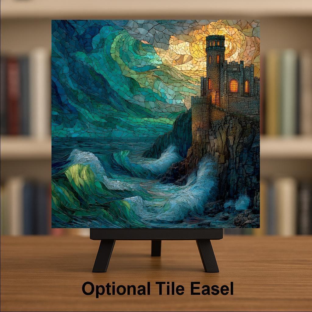 Gothic Ocean Castle Wall Art Ceramic Tile Fantasy Gift Stained Glass Fortress Decor Dark Art Castle Gift Tile