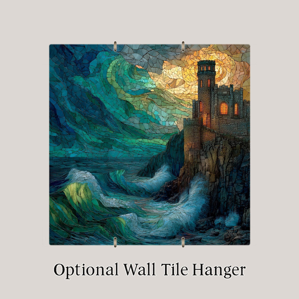 Gothic Ocean Castle Wall Art Ceramic Tile Fantasy Gift Stained Glass Fortress Decor Dark Art Castle Gift Tile