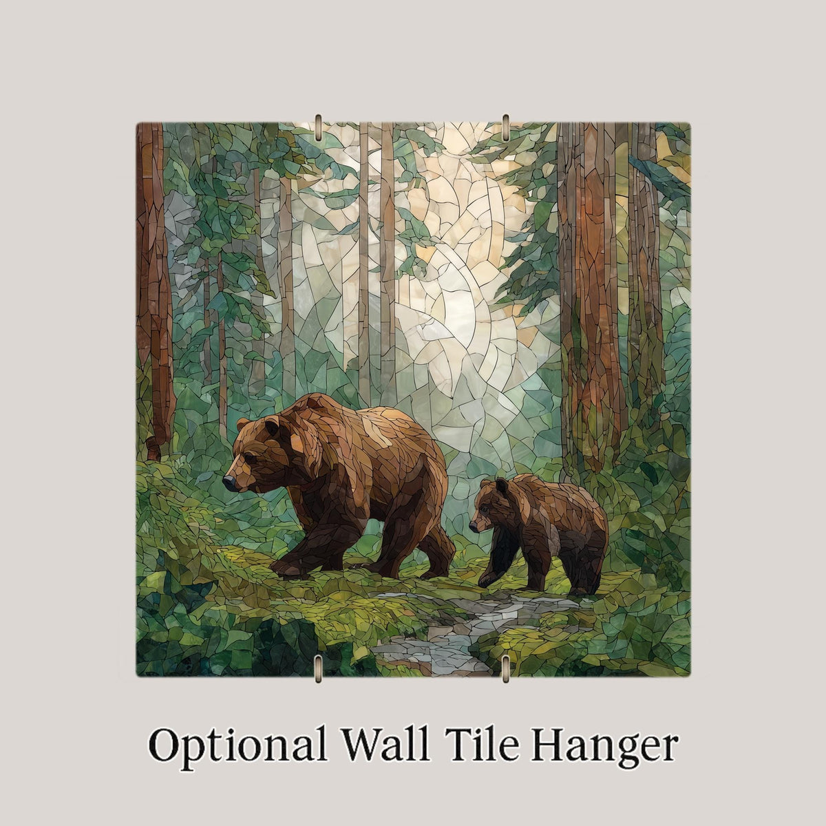 Bear Cub Wall Art Ceramic Tile Stained Glass Style Woodland Home Decor Mother Baby Animal Wildlife Nature