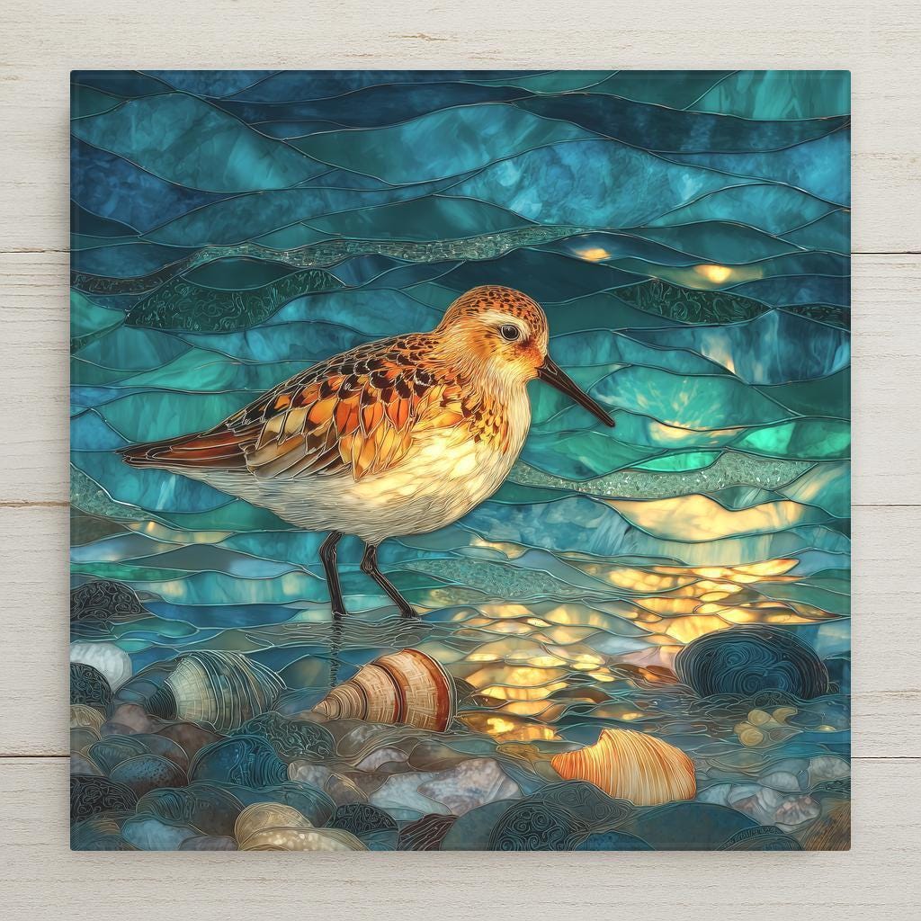 Coastal sandpiper ceramic tile in a stained glass-style design, perfect for beach home decor and ocean wall art displays. Vivid colors, crisp detail, and a serene shoreline feel. Optional tile wall hanger, easel tile stand, cork backing, and premium frame available. Printed tile, not stained glass or mosaic.