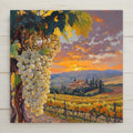 Golden sunset and ripe white grapes in a Tuscan vineyard scene on ceramic tile. A handmade fall decor accent or gift for wine and travel lovers.