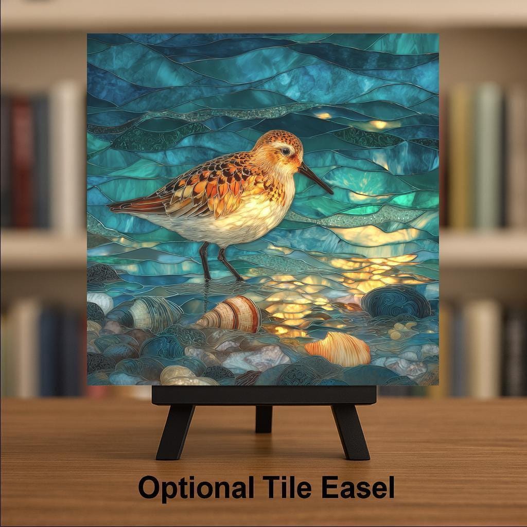 Sandpiper Ceramic Art Tile – Stained Glass Style Coastal Shorebird Wall Decor, Beach House Birder Gift