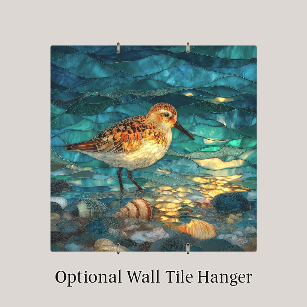 Sandpiper Ceramic Art Tile – Stained Glass Style Coastal Shorebird Wall Decor, Beach House Birder Gift