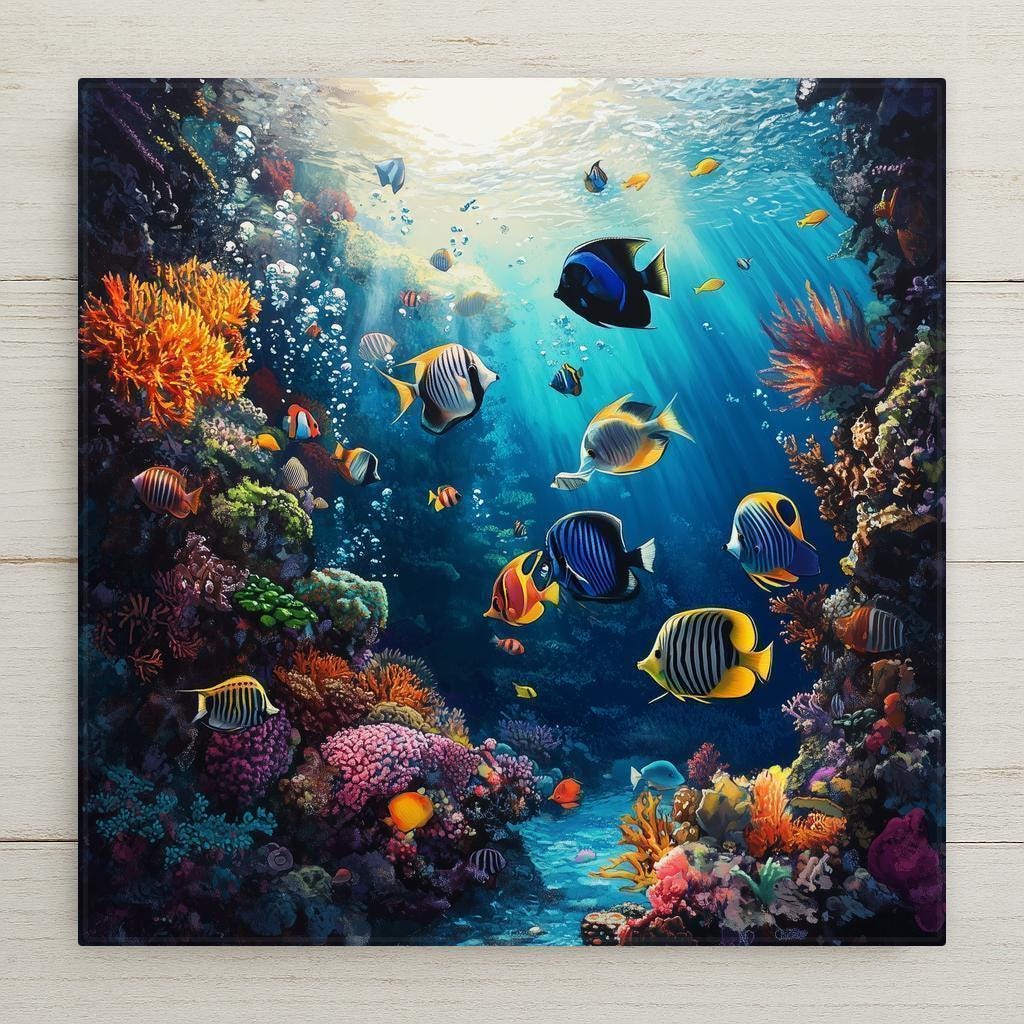 Vibrant reef fish swim through radiant coral in this tropical ceramic tile—perfect for beach homes, bathrooms, or ocean lovers' gifts.