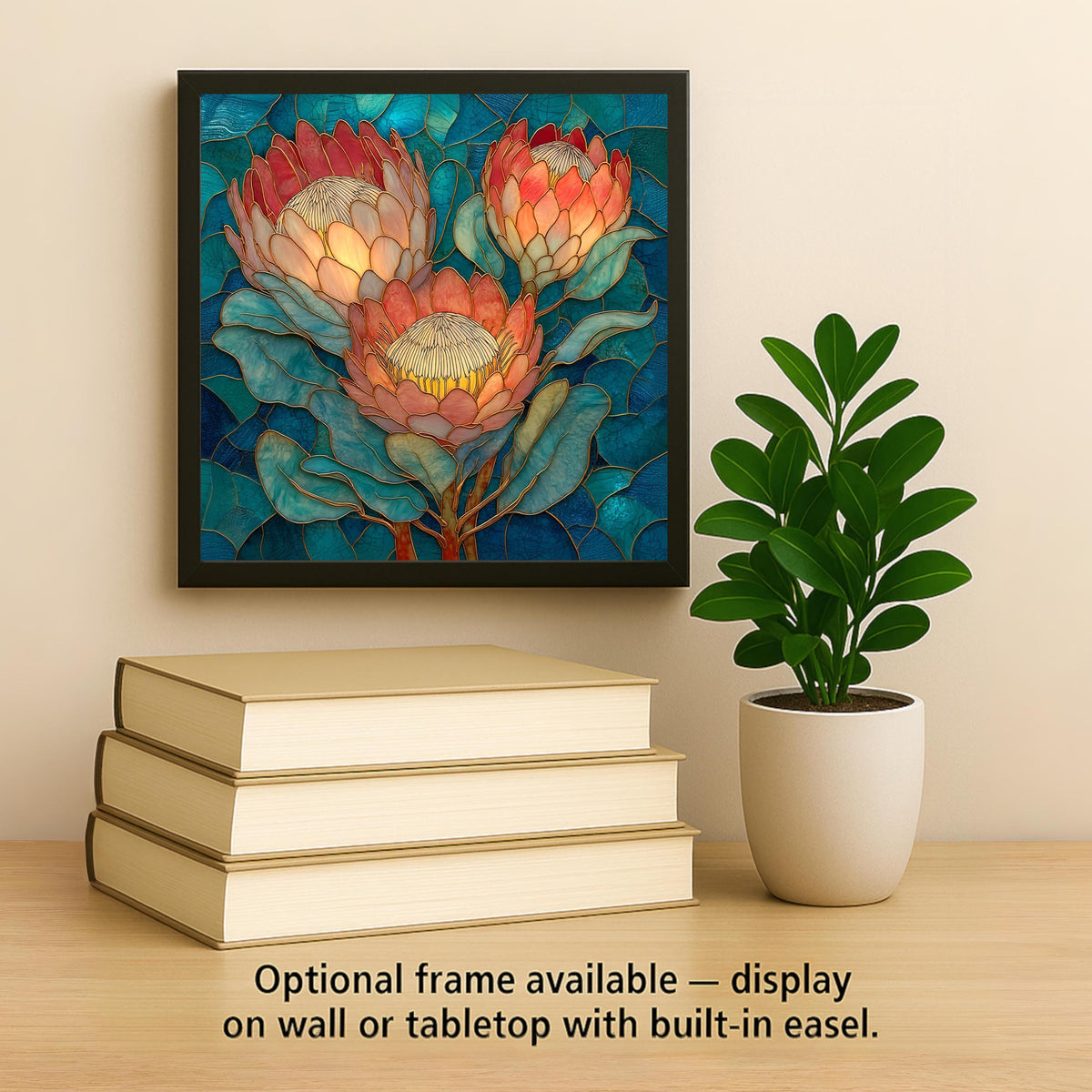Protea Flower Trio Wall Art Ceramic Tile – Botanical Floral Wall Decor – Stained Glass Style Protea Home Decor – Tropical Nature Art Tile