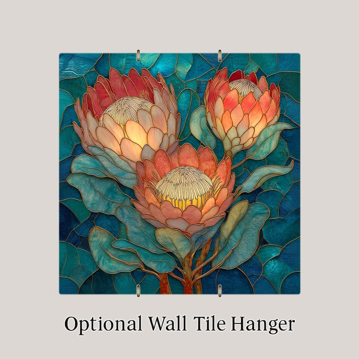 Protea Flower Trio Wall Art Ceramic Tile – Botanical Floral Wall Decor – Stained Glass Style Protea Home Decor – Tropical Nature Art Tile