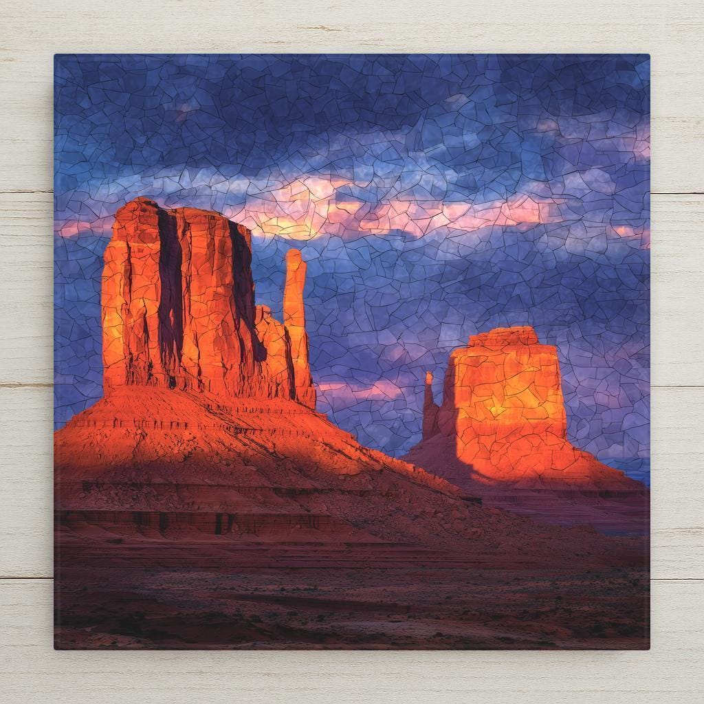 Monument Valley ceramic tile wall art featuring iconic red sandstone buttes glowing at sunset beneath a dramatic blue sky. Stylized stained glass–inspired Southwest desert landscape with bold rock formations and warm evening light. This is a flat, permanent print on ceramic tile, not real stained glass or mosaic. Ideal for Southwest wall decor, western home decor, or desert landscape art. Optional wall hanger, easel stand, cork backing, and premium frame available.