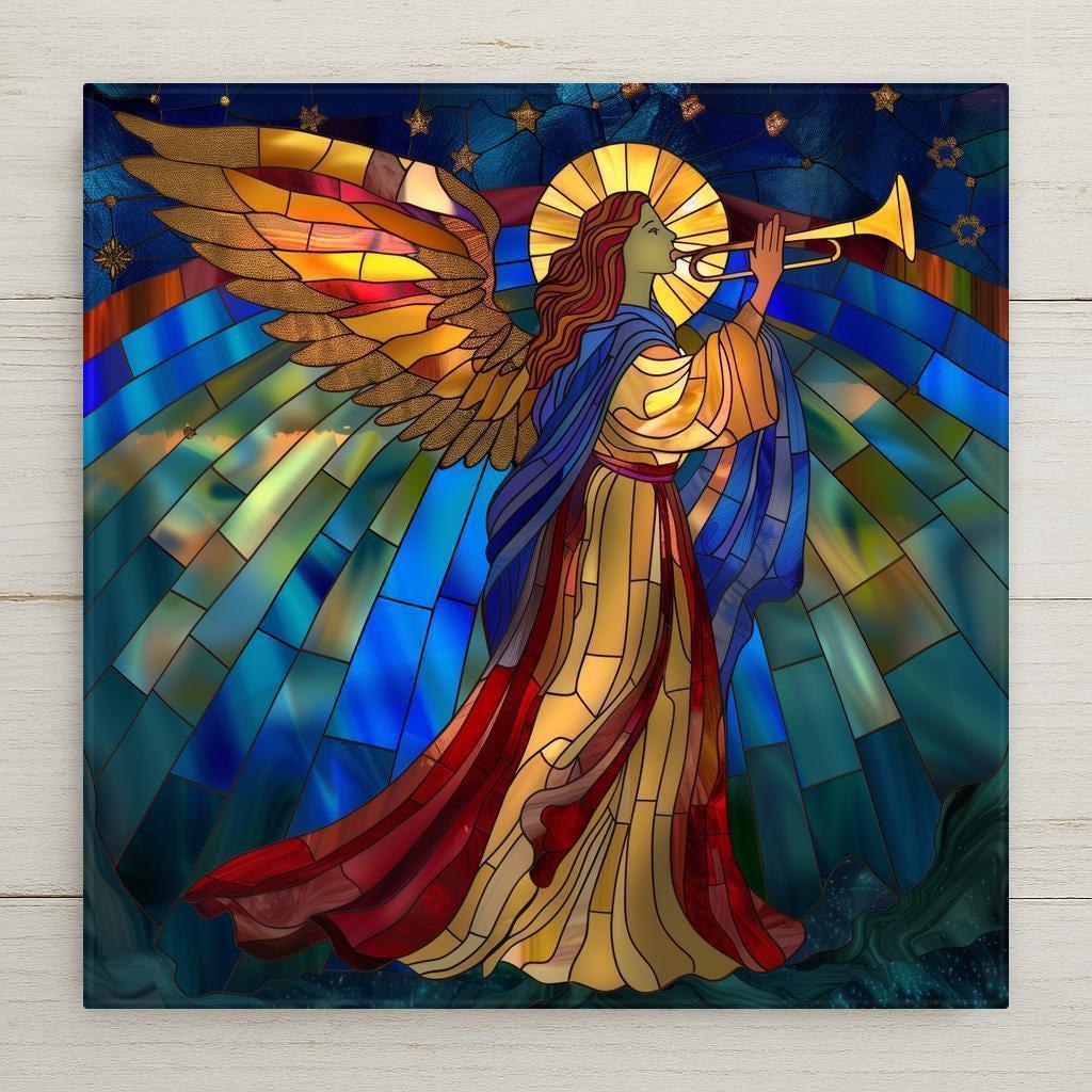 Stained glass–style ceramic tile featuring a radiant angel blowing a golden trumpet with glowing wings and star-filled sky home decor. While it may look like stained glass or mosaic, this is a permanent print on tile. Printed with premium inks for vivid, lasting color. Optional add-ons include a tile wall hanger, easel tile stand, or cork backing. Perfect for Christmas décor, holiday wall art, or spiritual gifts.