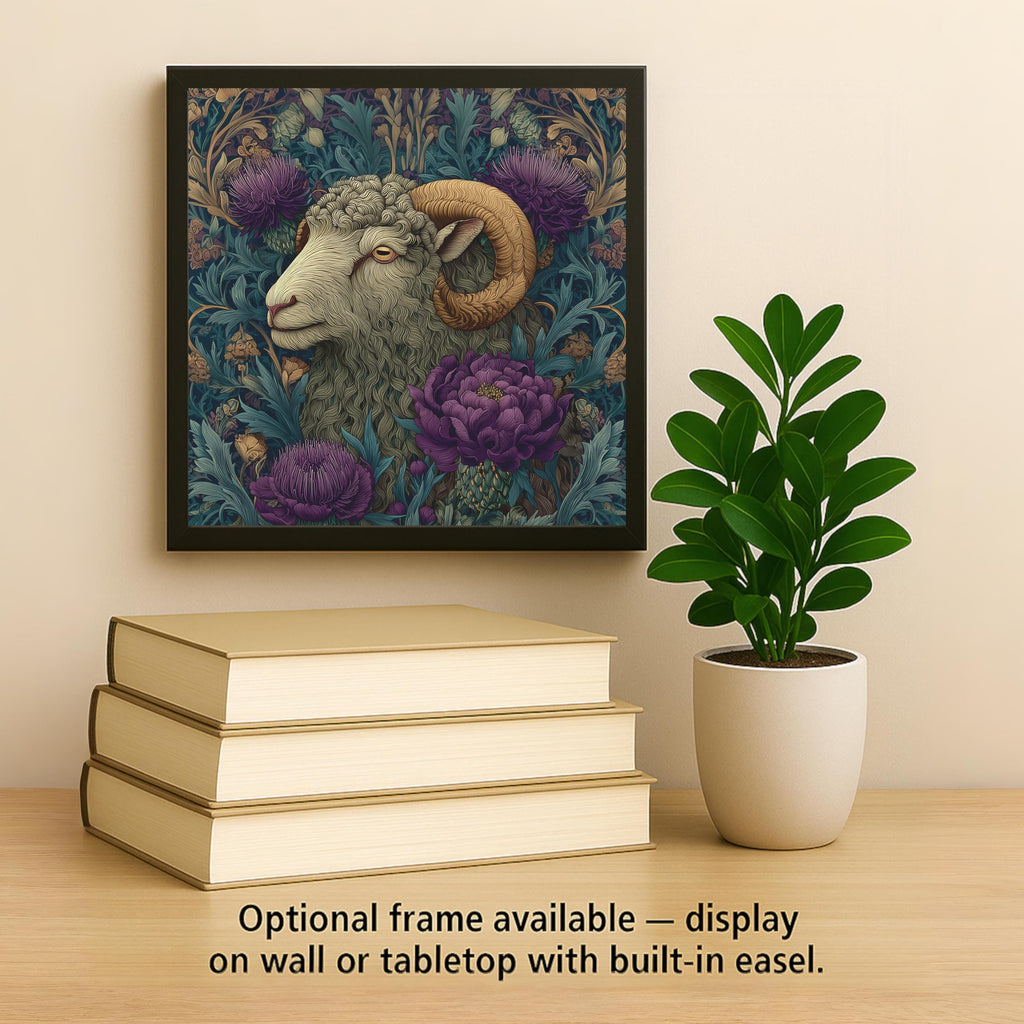 Highland Sheep Wall Art Ceramic Tile – Scottish Ram Rustic Farmhouse Decor, Thistle Botanical Wall Decor, Cottagecore Home Decor