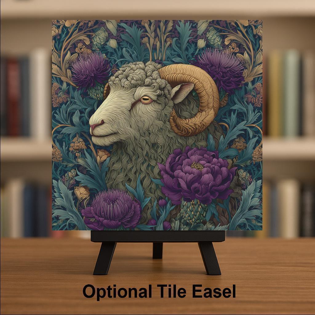 Highland Sheep Wall Art Ceramic Tile – Scottish Ram Rustic Farmhouse Decor, Thistle Botanical Wall Decor, Cottagecore Home Decor