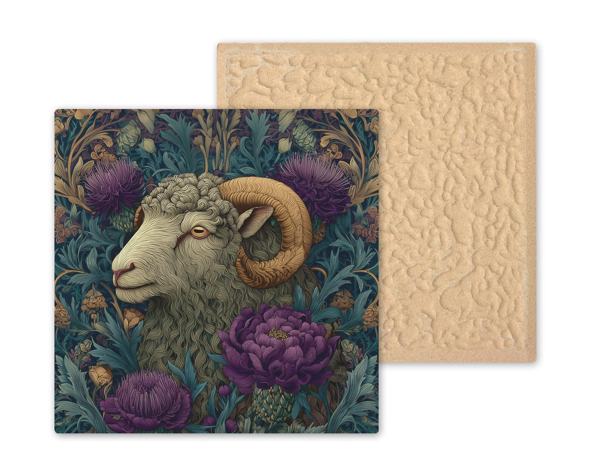 Highland Sheep Wall Art Ceramic Tile – Scottish Ram Rustic Farmhouse Decor, Thistle Botanical Wall Decor, Cottagecore Home Decor