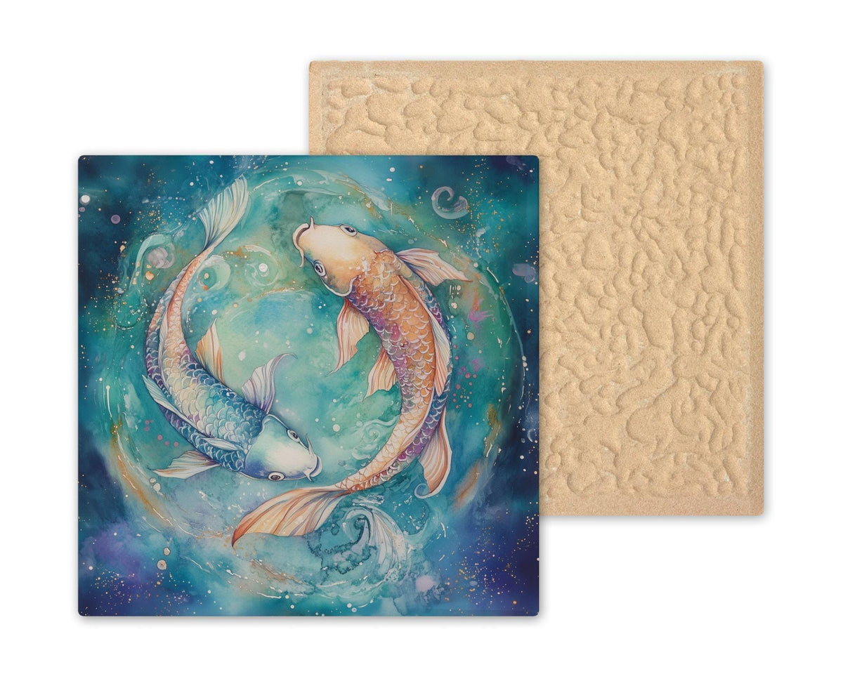 Pisces Zodiac Koi Fish Ceramic Art Tile – Celestial Watercolor Astrology Wall Decor, Water Sign Birthday Accent