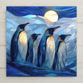 Stained glass–style penguin ceramic tile wall art featuring emperor penguins beneath a glowing arctic moon. This is a permanent printed design on ceramic, not real stained glass or mosaic. Ideal for meaningful home decor, polar wildlife art, or symbolic animal wall decor. Optional tile wall hanger, easel tile stand, cork backing, and premium frame available for wall or tabletop display.