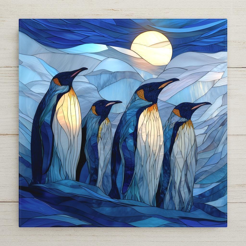 Stained glass–style penguin ceramic tile wall art featuring emperor penguins beneath a glowing arctic moon. This is a permanent printed design on ceramic, not real stained glass or mosaic. Ideal for meaningful home decor, polar wildlife art, or symbolic animal wall decor. Optional tile wall hanger, easel tile stand, cork backing, and premium frame available for wall or tabletop display.