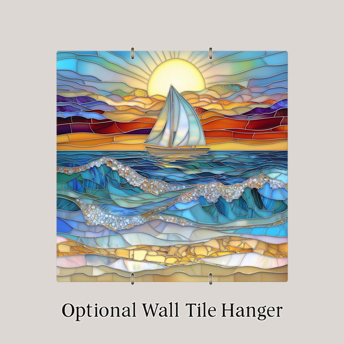 Sailboat Sunset Wall Art Ceramic Tile Stained Glass Style Coastal Nature Gift Nautical Ocean Decor Art