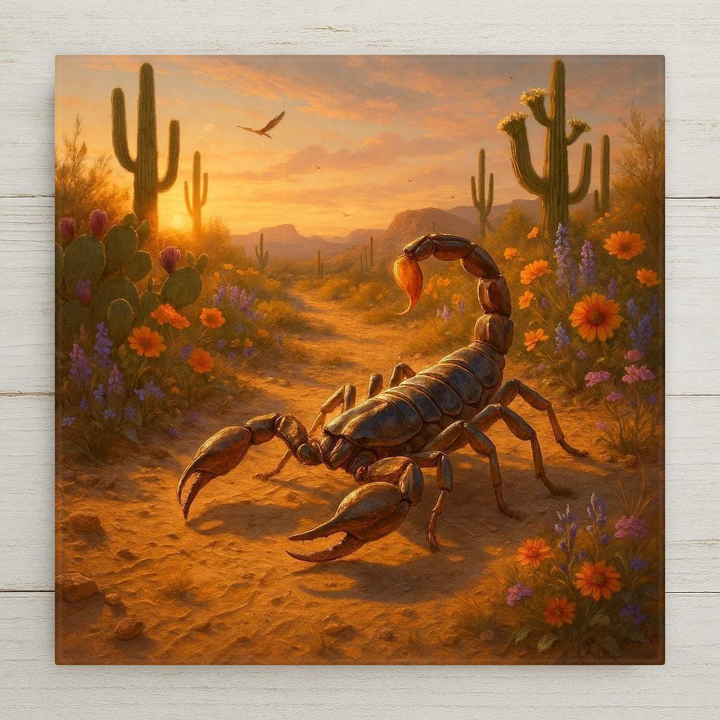 Bold desert scorpion art tile set at sunset with vivid cactus blooms and dramatic scenery. A fierce addition to rustic Southwestern decor.