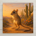 Adorable home decor kangaroo rat wall art artwork set in a desert scene at sunset. This ceramic tile is perfect for animal lovers and desert decor fans alike