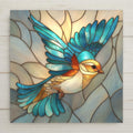 Stained glass style ceramic art tile of a blue and teal songbird in flight with amber accents on a soft cream leaded glass background, elegant teal bird wall decor for nature and bird lovers.