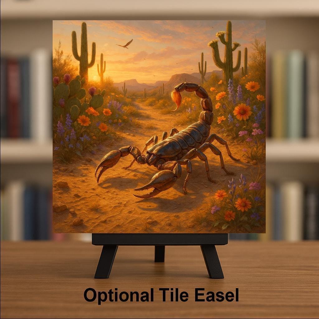 Southwestern Scorpion Ceramic Art Tile – Desert Wildlife Wall Decor, Cactus Sunset Nature Lover Gift