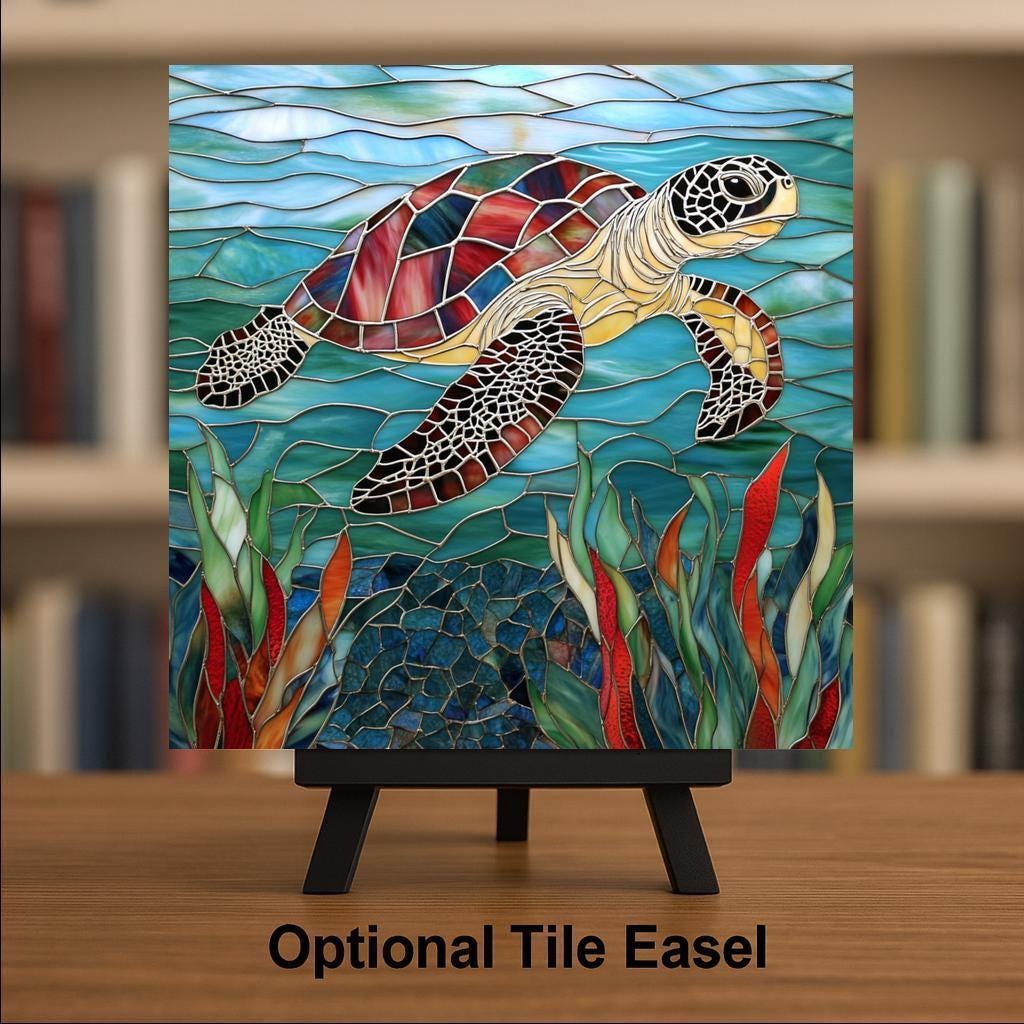 Sea Turtle Wall Art Ceramic Tile Coastal Gift Stained Glass Style Nautical Decor Marine Art Turtle Lover Gift Tile