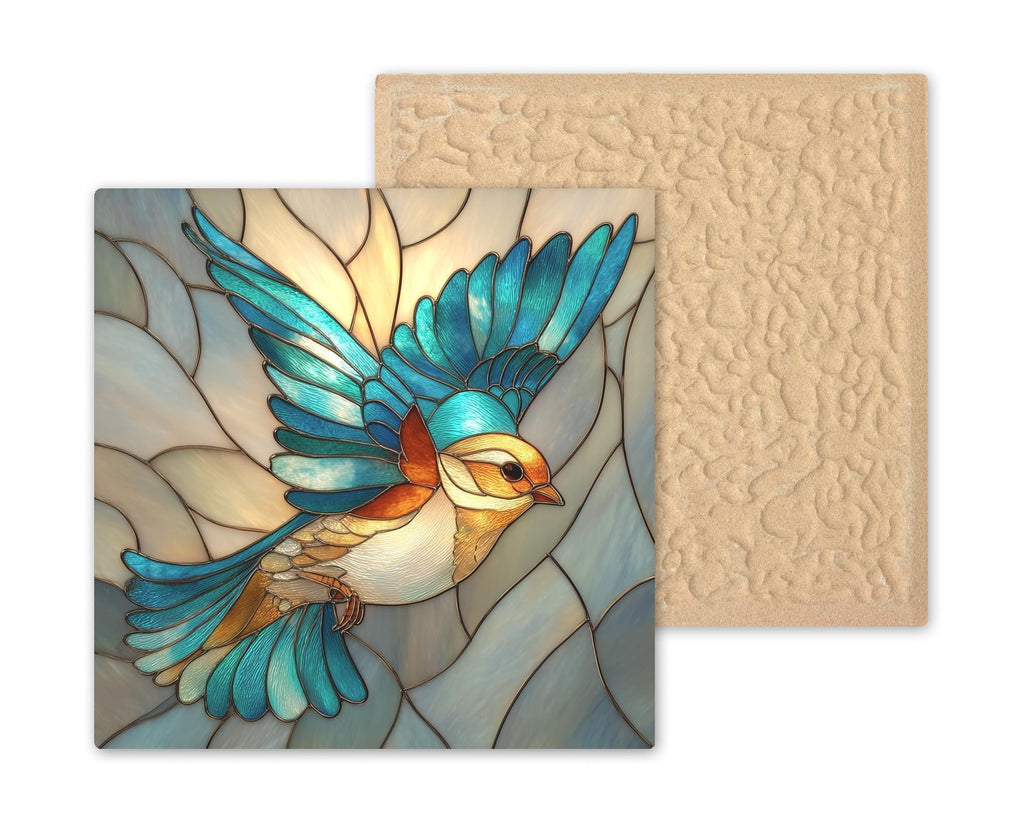 Blue Songbird Stained Glass Style Ceramic Art Tile – Teal Bird Wall Decor, Nature Bird Lover Accent