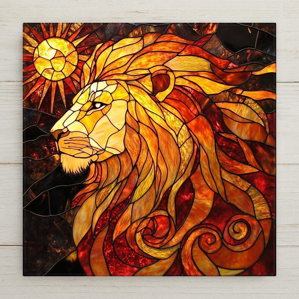 Bold and radiant, this Leo the Lion ceramic tile features glowing stained glass art in fiery hues—perfect for zodiac lovers and August birthdays. A powerful tribute to Leo’s strength, charisma, and solar energy, it makes stunning wall art or a unique astrology gift. Ideal for home décor with celestial flair.
