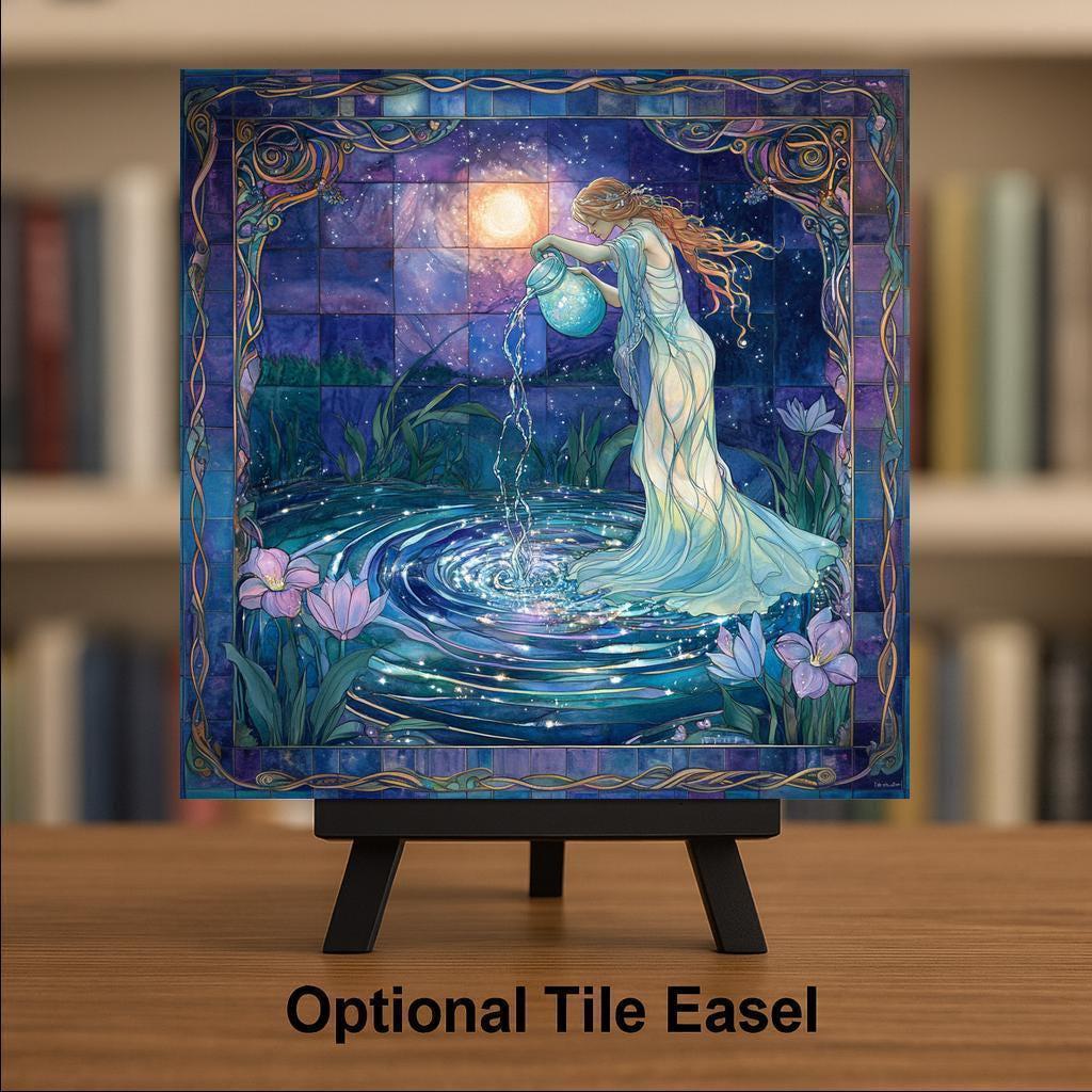 Aquarius Zodiac Ceramic Tile: Stained Glass Wall Art, Astrology Decor, Water Bearer Birthday Gift