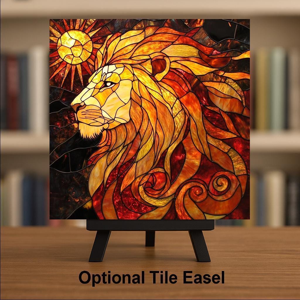 Leo Zodiac Stained Glass Style Ceramic Art Tile: Night Sky Wall Decor Mystical Home Decor Celestial Wall Art Leo Lion Astrology Zodiac Art
