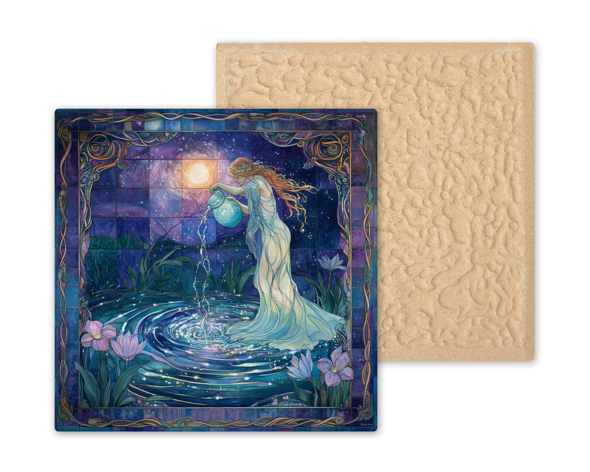 Aquarius Zodiac Ceramic Tile: Stained Glass Wall Art, Astrology Decor, Water Bearer Birthday Gift