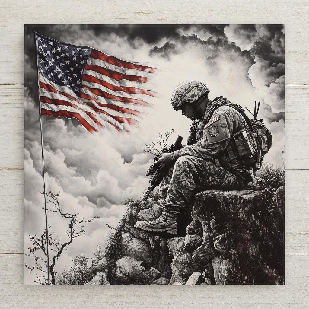 Ceramic tile art featuring a mourning soldier beneath a waving American flag. A solemn, patriotic piece perfect for Memorial Day or tribute gifts.