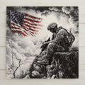 Ceramic tile art featuring a mourning soldier beneath a waving American flag. A solemn, patriotic piece perfect for Memorial Day or tribute gifts.
