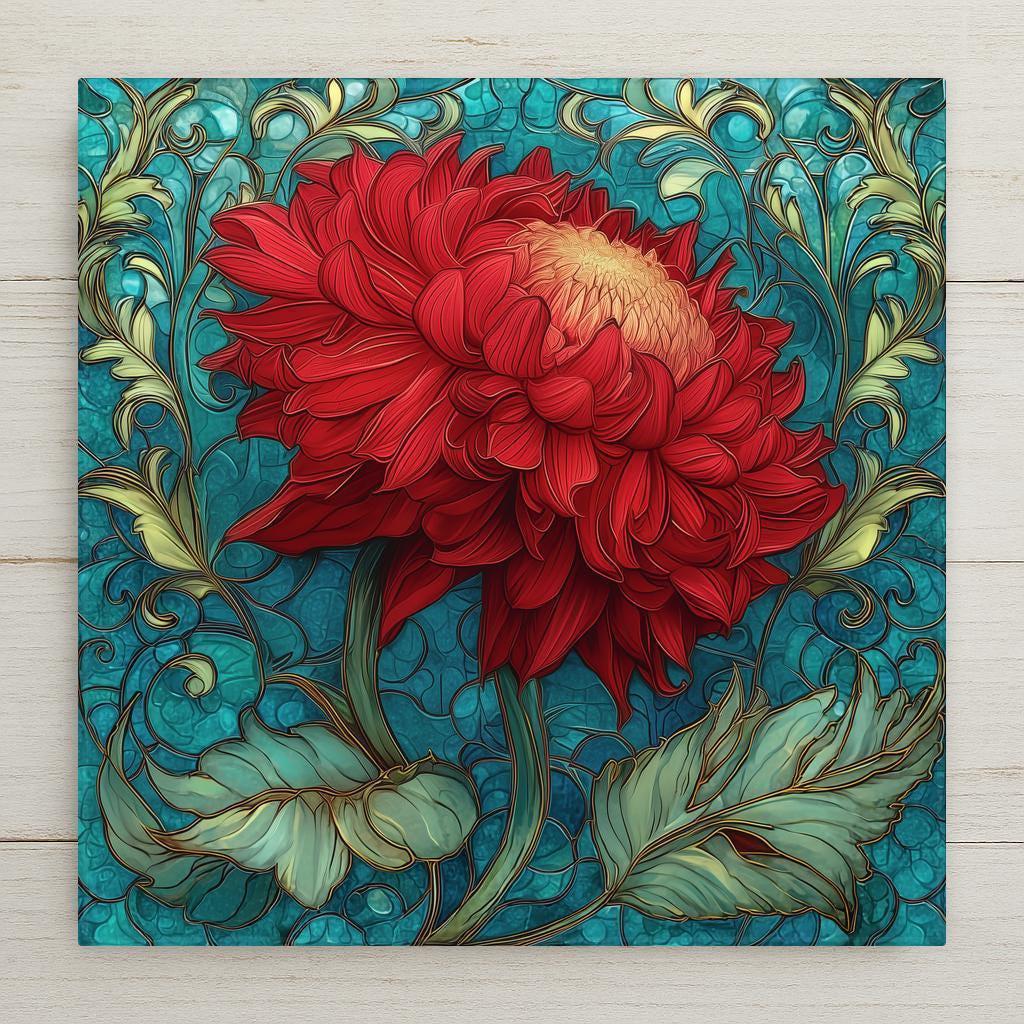 Stained glass style ceramic art tile of a bold red dahlia on an ornate art nouveau teal background with gold leaded scrollwork and glass-panel texture, romantic vintage botanical decor.