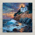 Bass Harbor Head Lighthouse ceramic tile wall art featuring a Maine coastal lighthouse perched on rocky cliffs with crashing waves and a glowing sunset sky in a stained glass style mosaic design. Square coastal tile artwork suitable for wall or tabletop display with optional wall hanger, easel stand, cork backing, or premium frame.