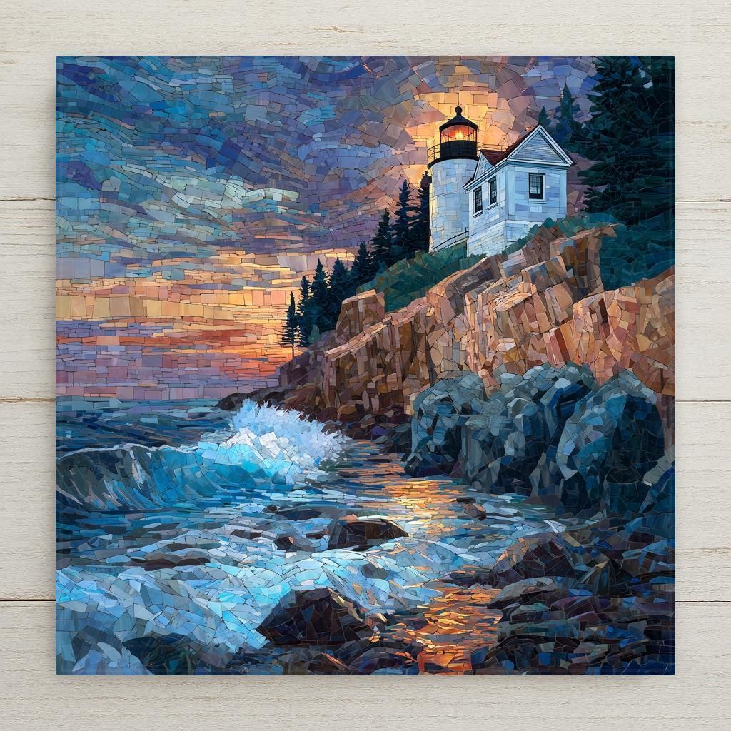 Bass Harbor Head Lighthouse ceramic tile wall art featuring a Maine coastal lighthouse perched on rocky cliffs with crashing waves and a glowing sunset sky in a stained glass style mosaic design. Square coastal tile artwork suitable for wall or tabletop display with optional wall hanger, easel stand, cork backing, or premium frame.