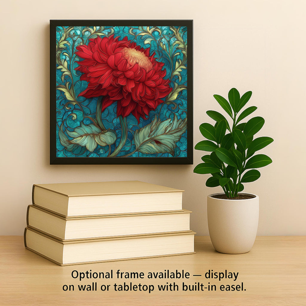 Red Dahlia Stained Glass Style Ceramic Art Tile – Art Nouveau Teal Wall Decor, Bold Botanical Accent