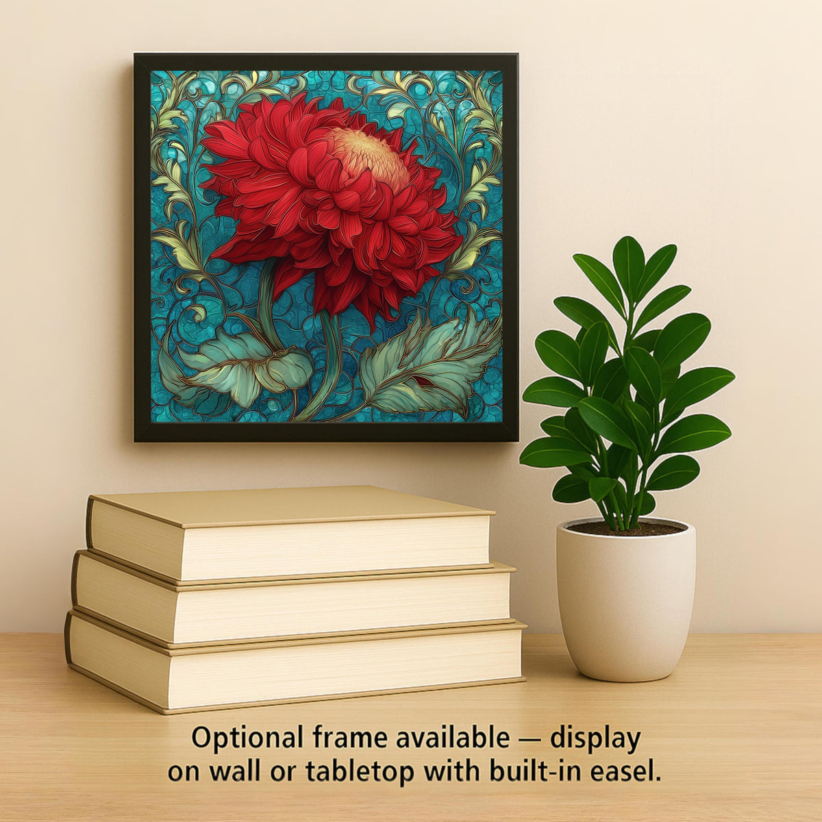 Red Dahlia Stained Glass Style Ceramic Art Tile – Art Nouveau Teal Wall Decor, Bold Botanical Accent