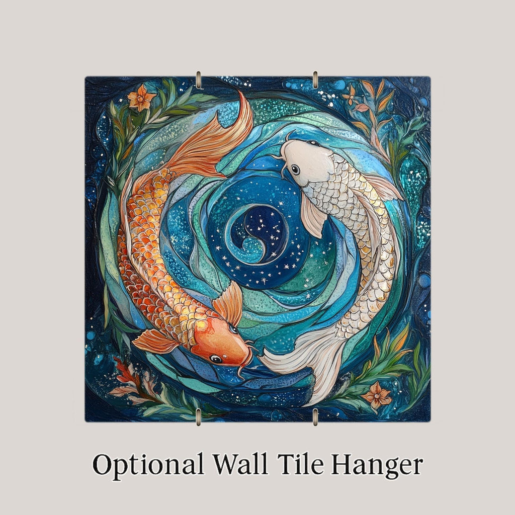 Pisces Wall Art Ceramic Tile Stained Glass Style Zodiac Gift Koi Fish Decor Birthday Nature Yin Yang