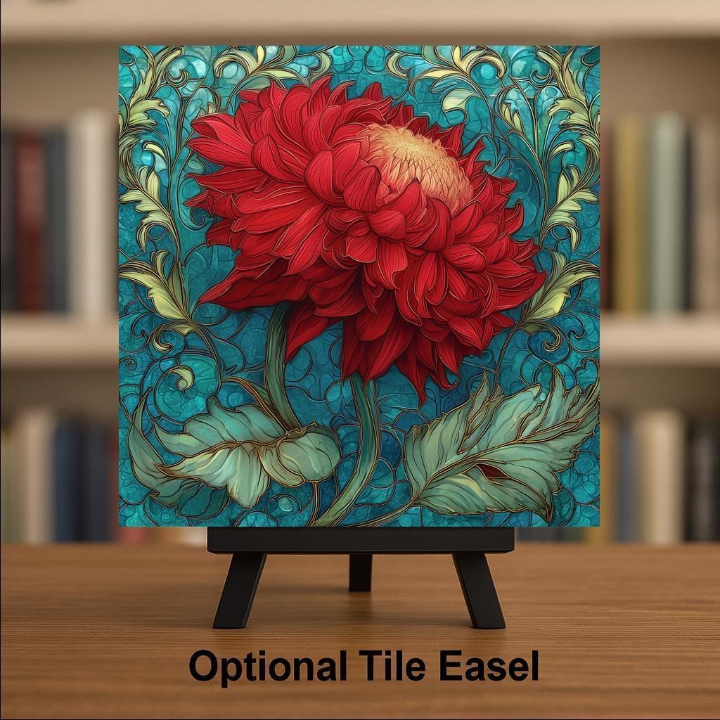 Red Dahlia Stained Glass Style Ceramic Art Tile – Art Nouveau Teal Wall Decor, Bold Botanical Accent