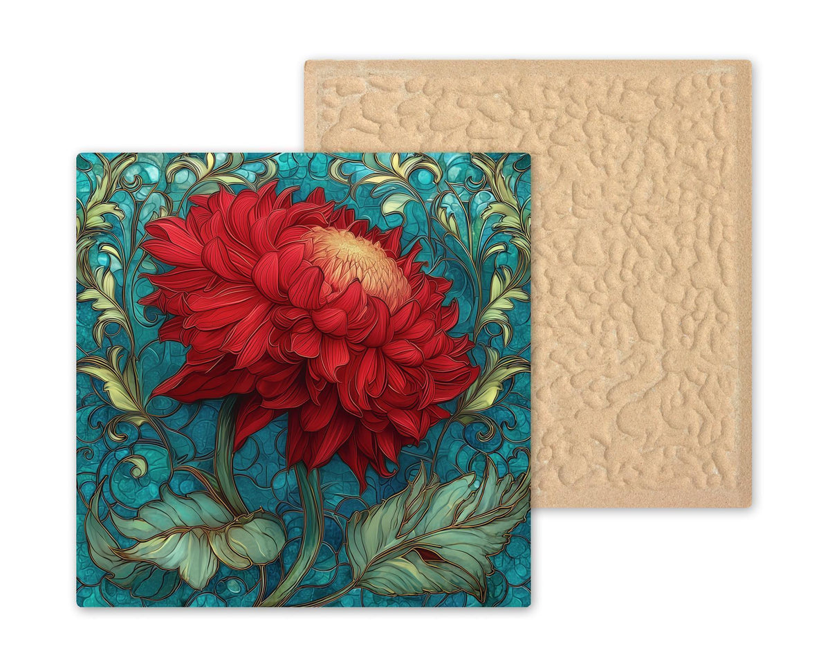 Red Dahlia Stained Glass Style Ceramic Art Tile – Art Nouveau Teal Wall Decor, Bold Botanical Accent