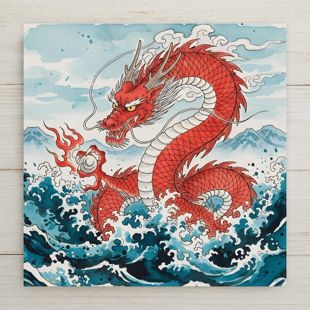 Red Japanese dragon rising from ocean waves holding a glowing pearl in traditional Asian style illustration with mountains and sky behind.