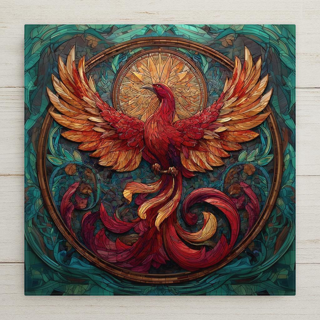 Phoenix stained glass-style ceramic tile featuring vibrant red and gold feathers, swirling flames, and ornate circular detailing. A bold mythical design perfect for wall display or gifting. Optional tile wall hanger, easel tile stand, cork backing, and premium frame available.