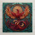 Phoenix stained glass-style ceramic tile featuring vibrant red and gold feathers, swirling flames, and ornate circular detailing. A bold mythical design perfect for wall display or gifting. Optional tile wall hanger, easel tile stand, cork backing, and premium frame available.