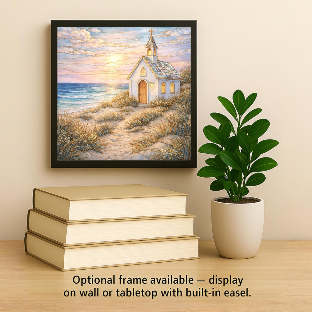Seaside Church Ceramic Tile Wall Art – Stained Glass Style Coastal Sanctuary Decor, Religious Beach Gift, Faith Inspired Home Accent