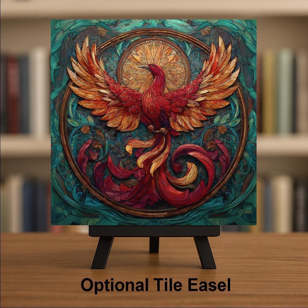 Phoenix Stained Glass Style Ceramic Art Tile: Whimsical Wall Decor Cottagecore Gift Fantasy Home Decor Wall Art Mythical Rising Bird