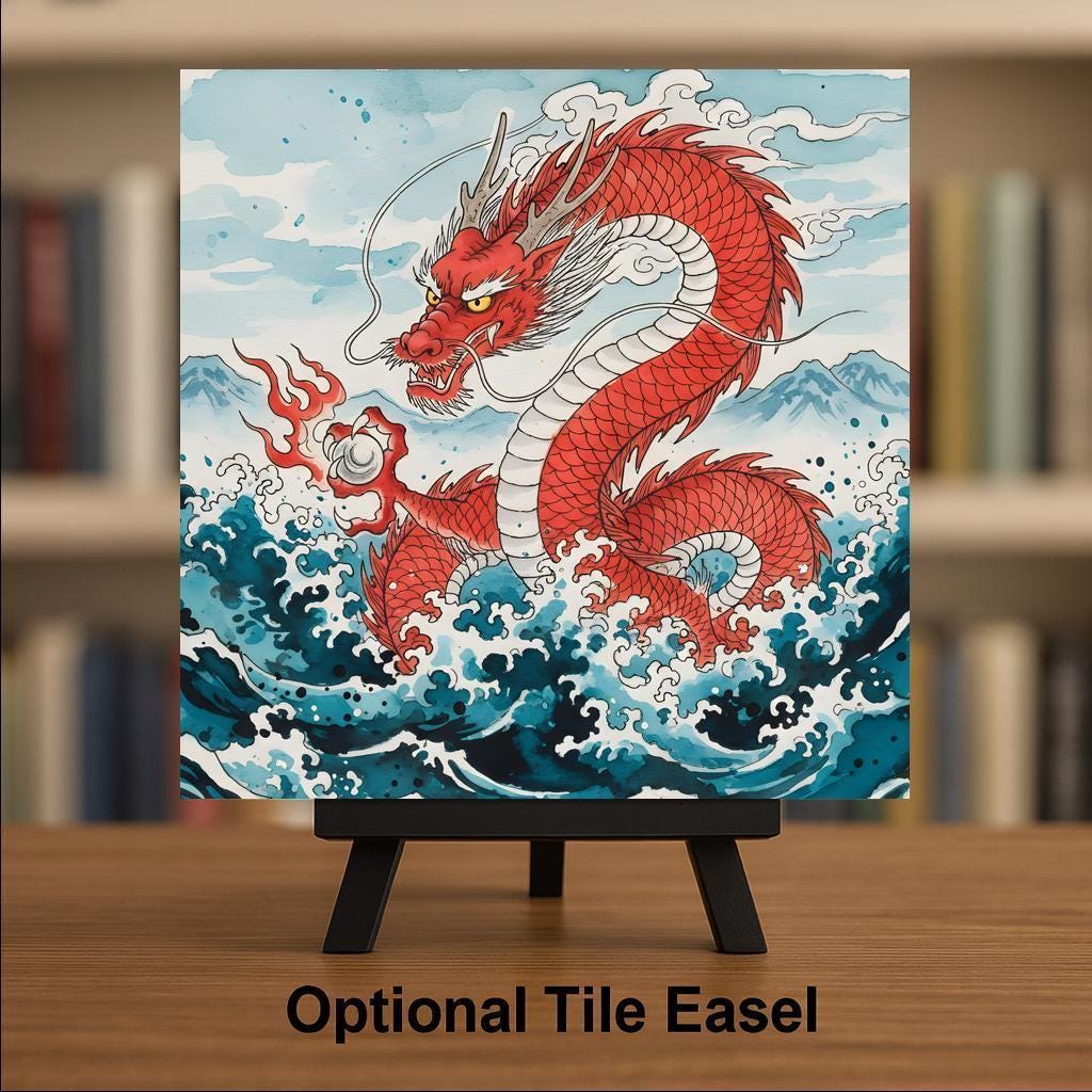 Japanese Dragon Wall Art Ceramic Tile – Red Dragon Ocean Art – Asian Mythology Decor – Decorative Wall Tile – Fantasy Wall Decor