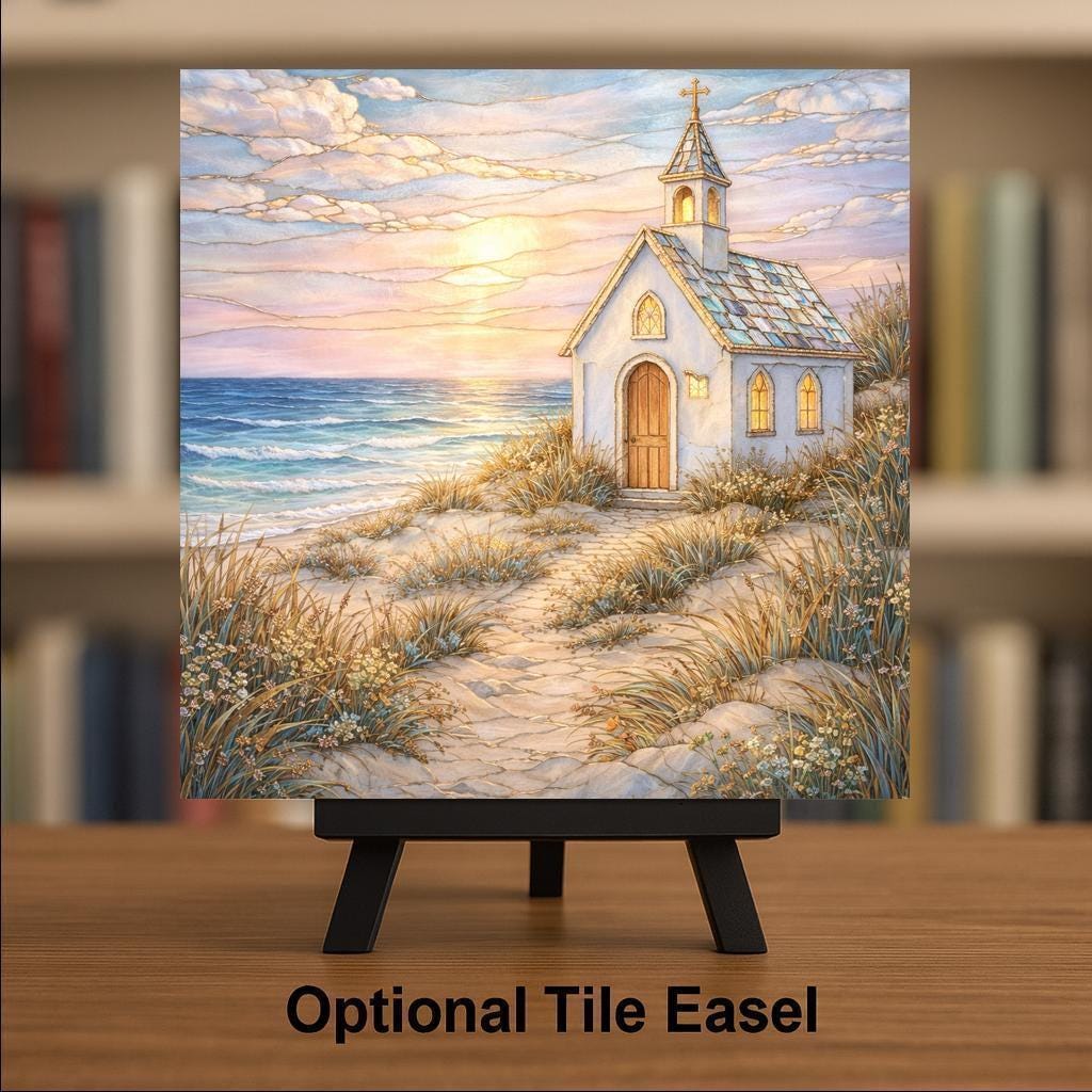 Seaside Church Ceramic Tile Wall Art – Stained Glass Style Coastal Sanctuary Decor, Religious Beach Gift, Faith Inspired Home Accent