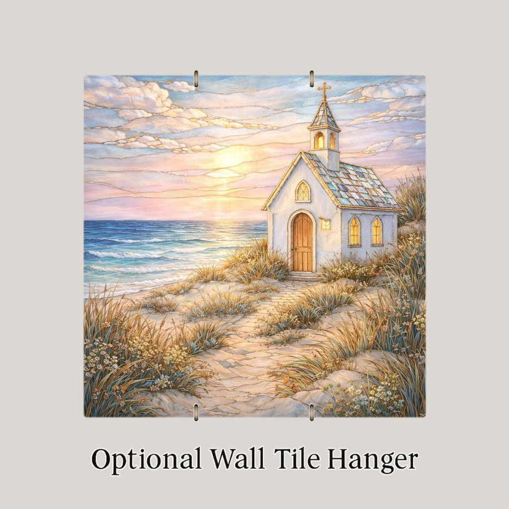 Seaside Church Ceramic Tile Wall Art – Stained Glass Style Coastal Sanctuary Decor, Religious Beach Gift, Faith Inspired Home Accent
