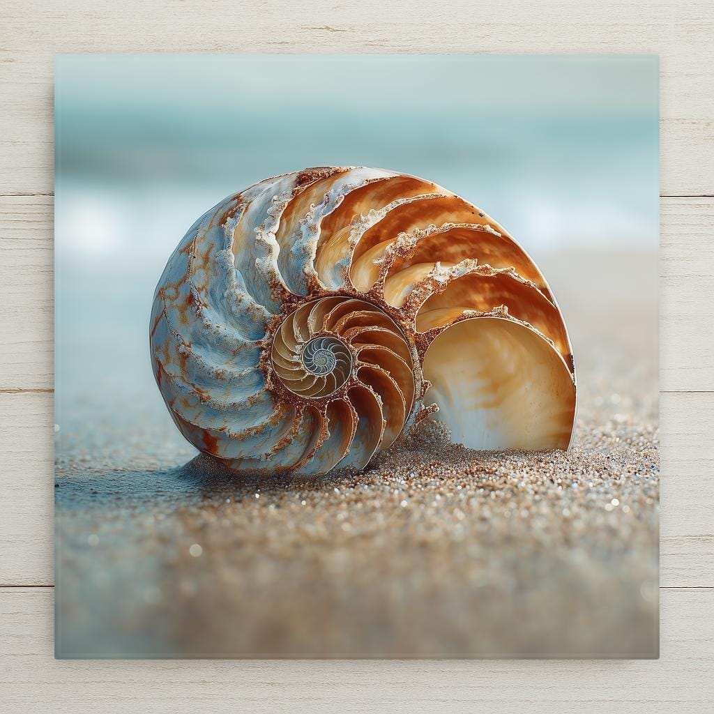 A seashell wall art ceramic tile featuring a nautilus shell resting in sand near the shoreline. Soft coastal tones of blue, beige, and cream create a calm beach scene. The stained glass–inspired design is a permanent print on ceramic tile, not real stained glass. Optional wall hanger, easel stand, cork backing, and premium frame options are available.